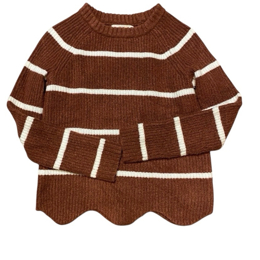 Pinque Striped Sweater XS Rust Cream Scalloped Hem Cozy Knit Pullover